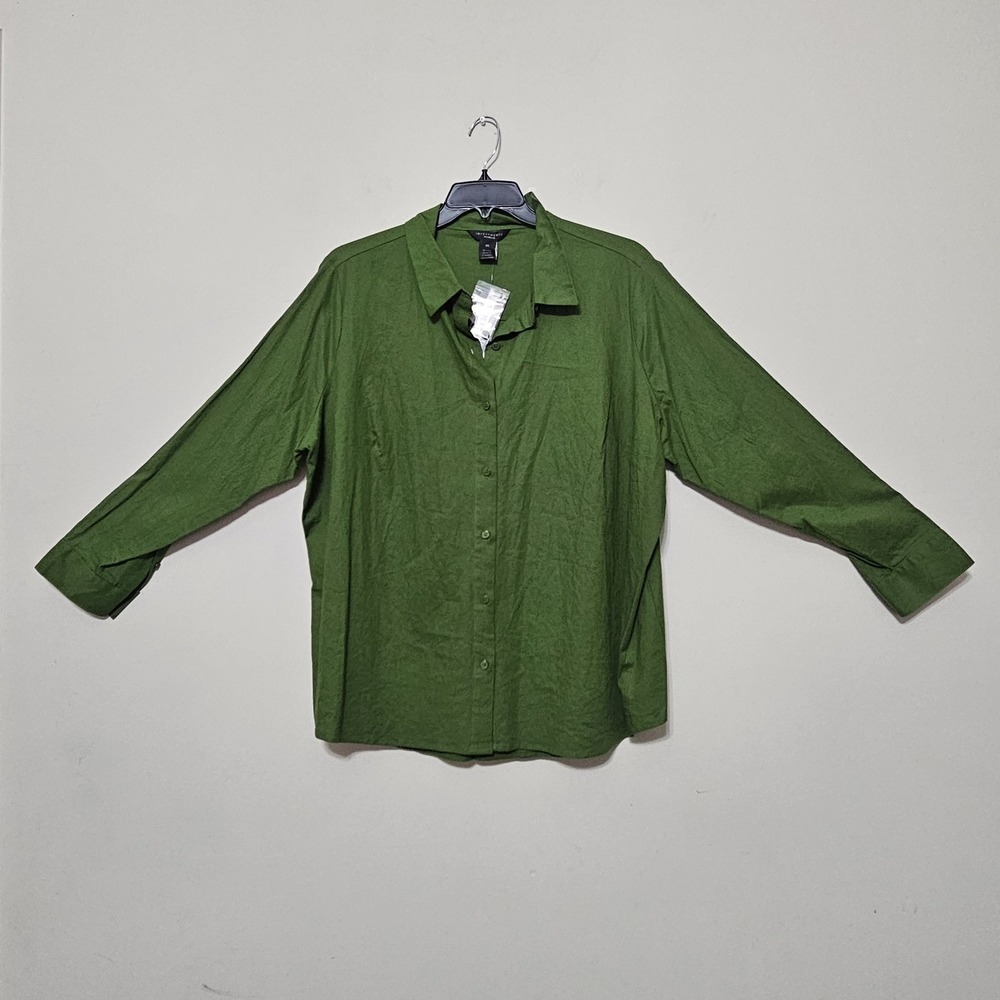 Investments Women's Top Blouse Plus Size 3X Green Button Up Collar Linen New 777